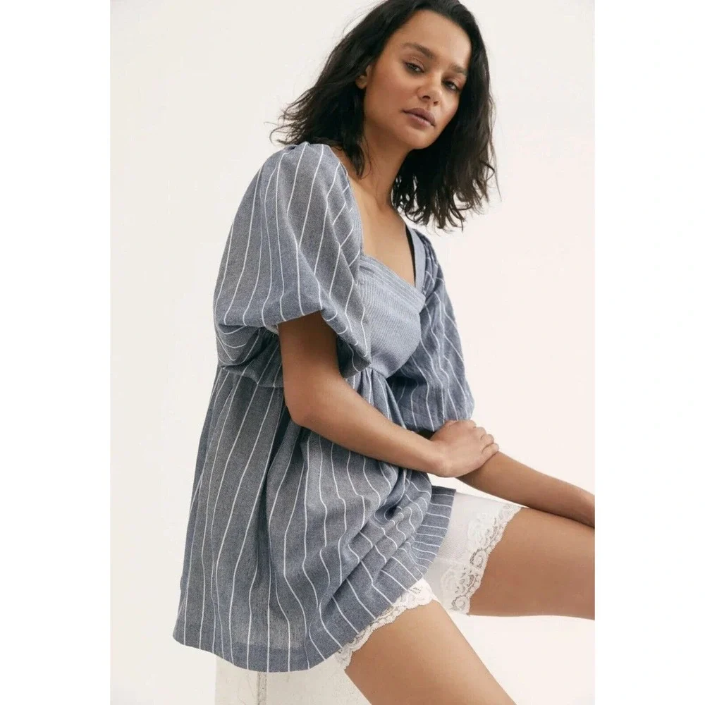 Free People Blue‎ Striped Chambray Women's Gigi Tunic Size S Small